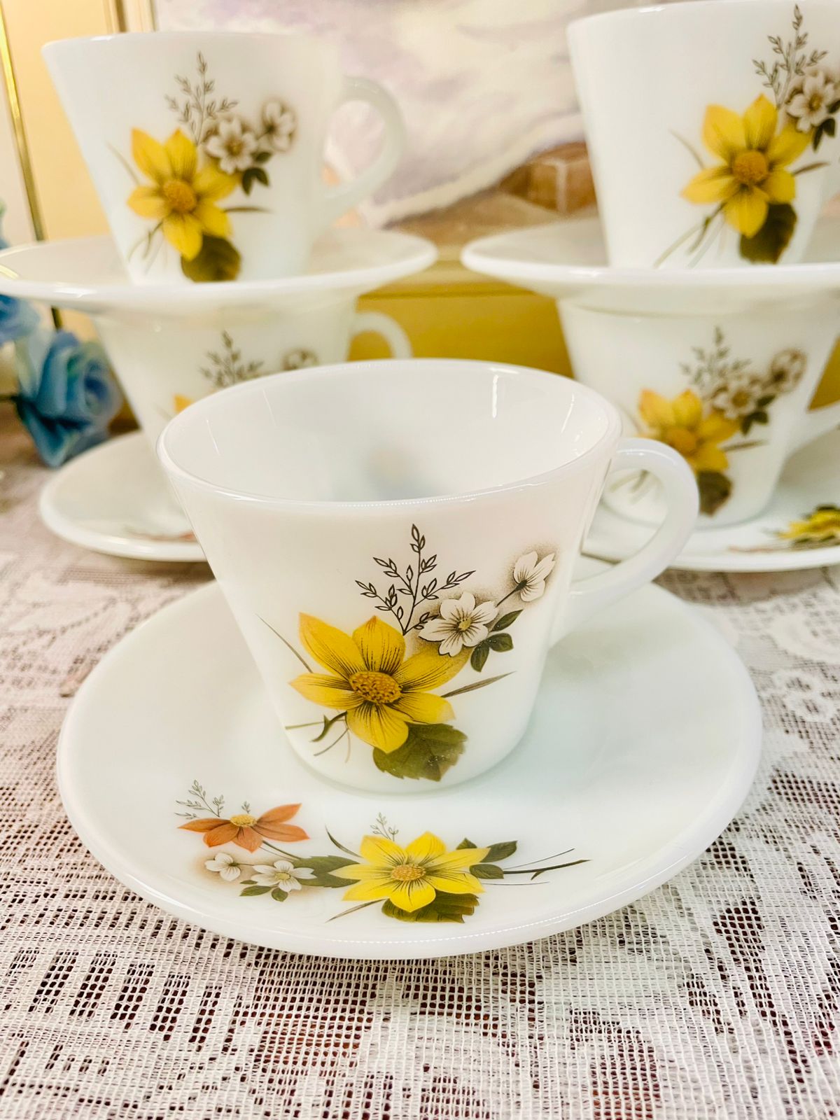 Vintage Pyrex England Yellow Floral Tea Set – Cups, Saucers & Plates