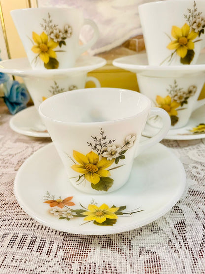 Vintage Pyrex England Yellow Floral Tea Set – Cups, Saucers & Plates