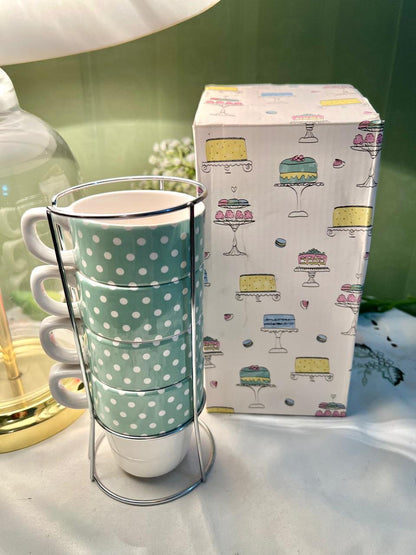 Avon Stacking Cups Set of 4 Mint Polka Dot with Stand