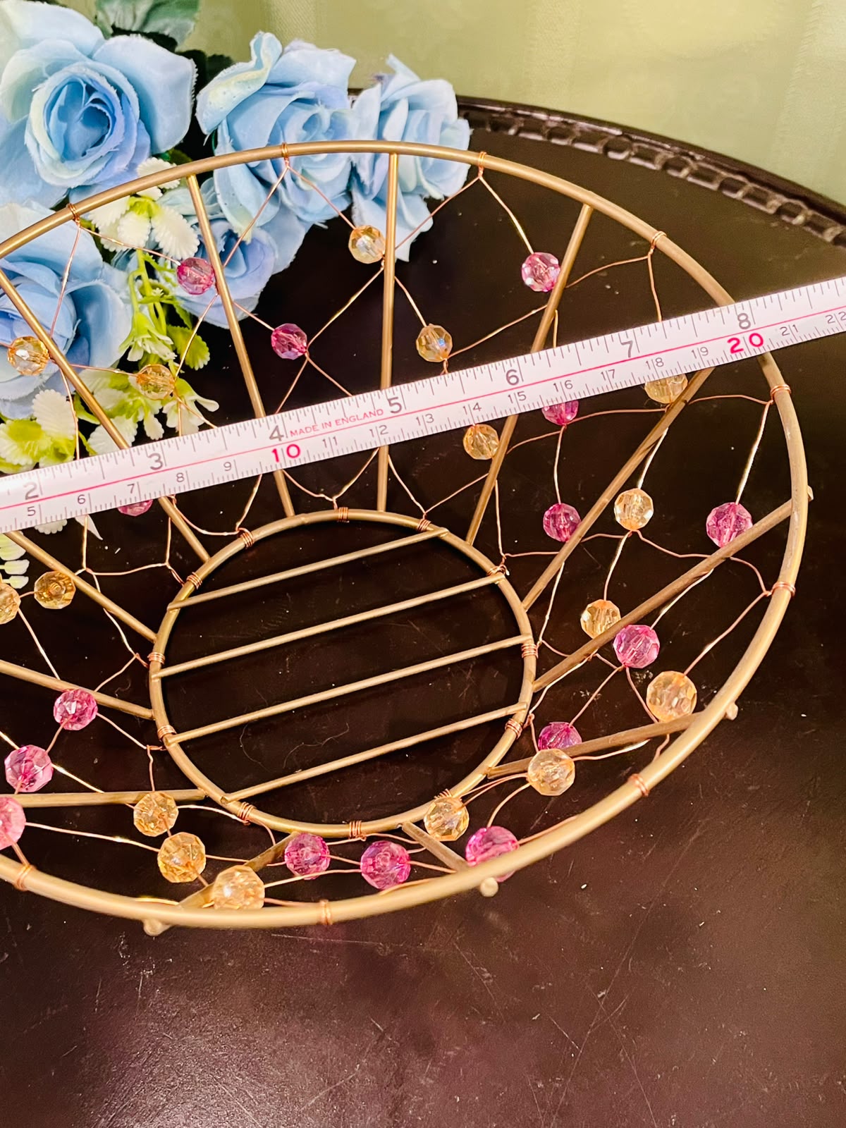 Decorative Gold Metal Fruit Basket with Crystal Bead Accents