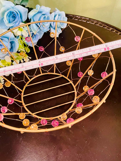 Decorative Gold Metal Fruit Basket with Crystal Bead Accents