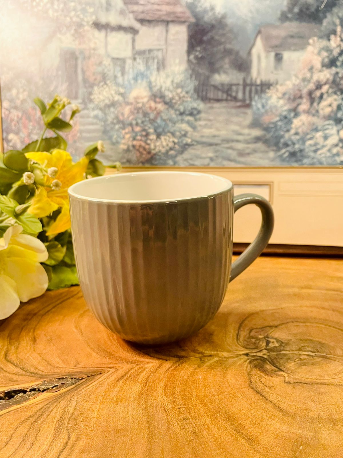 Ribbed Ceramic Mug Pink & Grey Minimal Coffee Cups