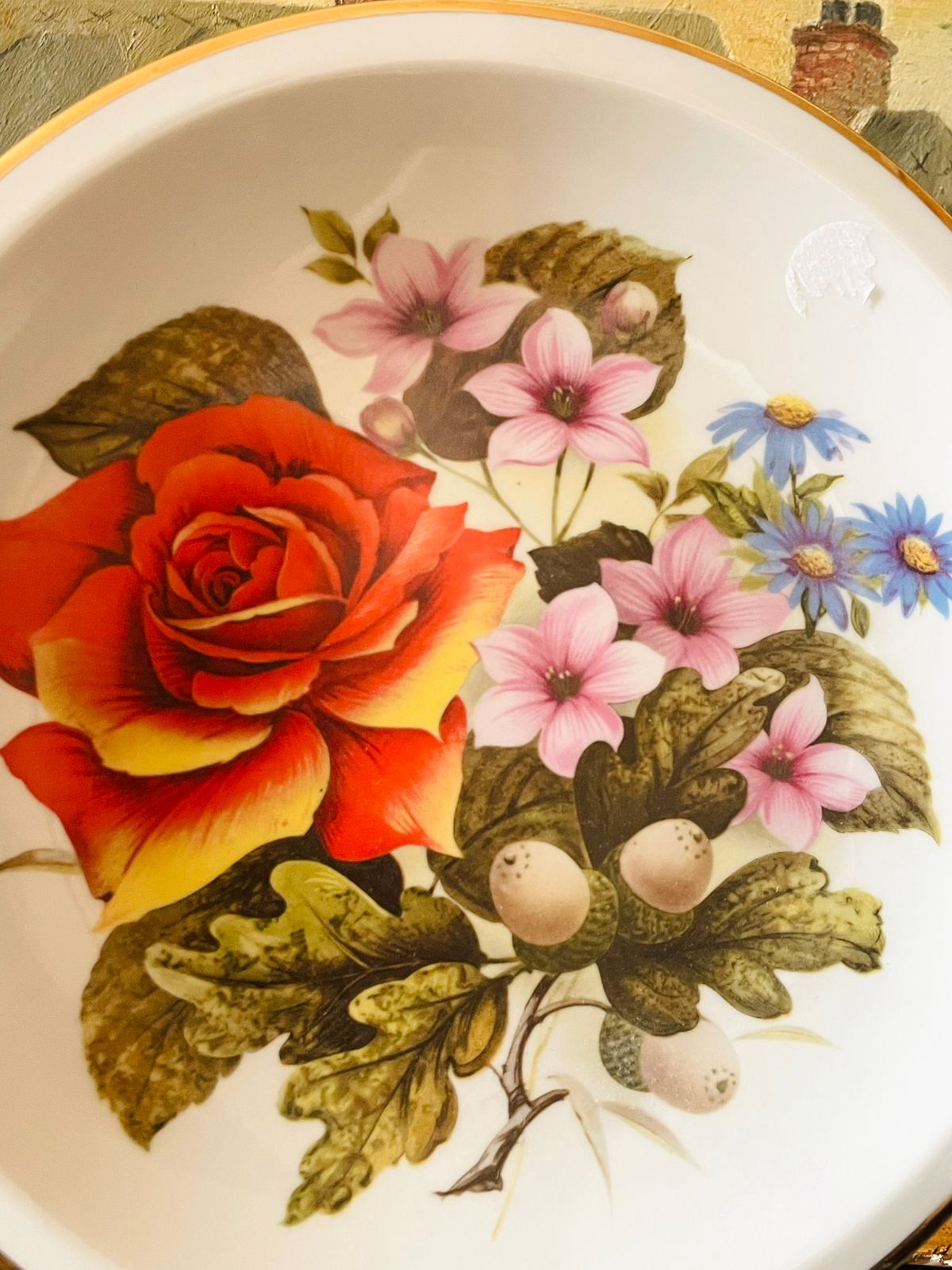 (Rare Find) Floral Wall Decor Plate , Golden Rims, 9 inches, England