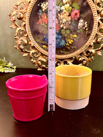 Set of 2 Mini Ceramic Plant Pots Pink Yellow Decorative Planters 3 Inch
