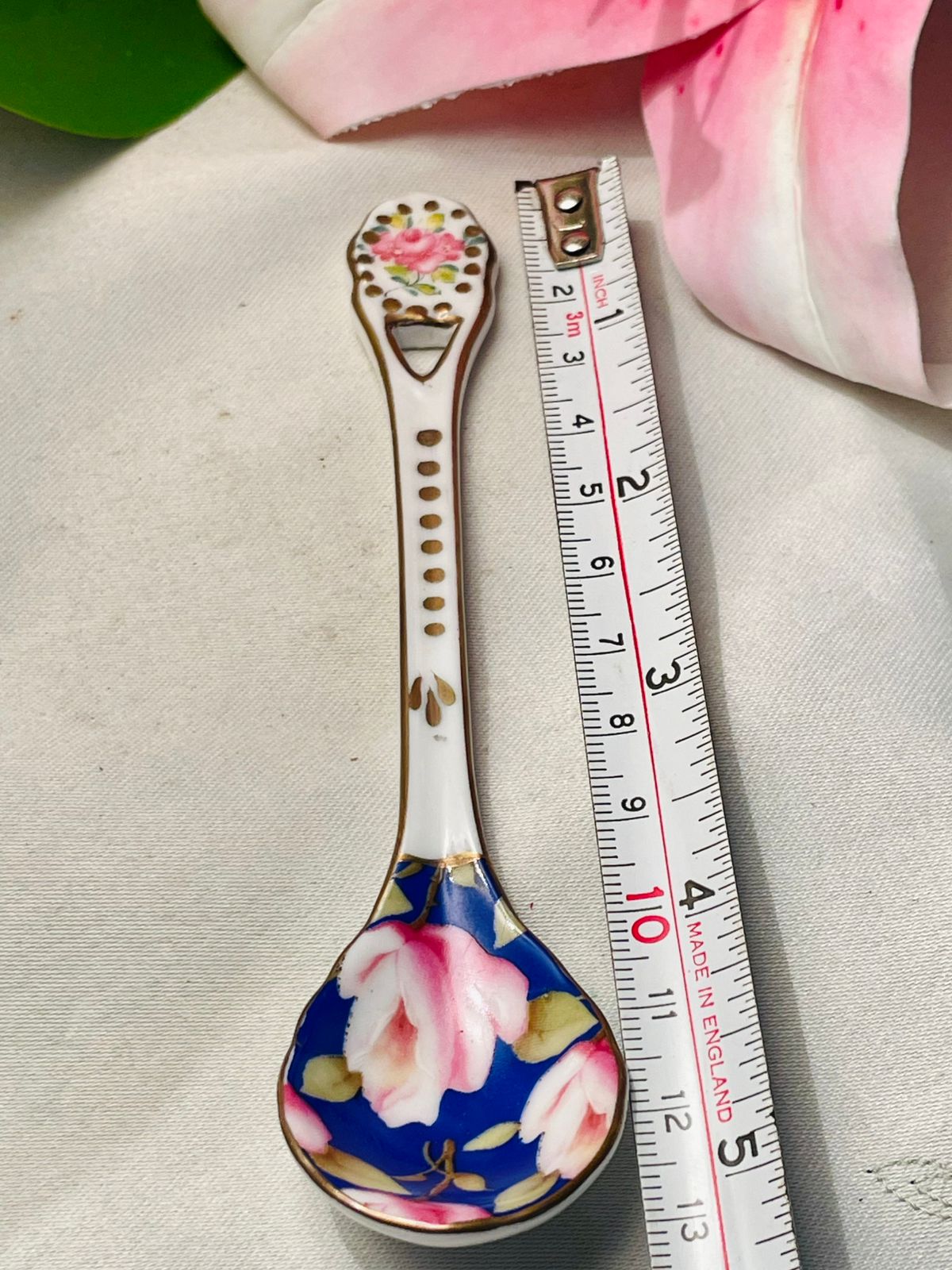 Vintage Floral Porcelain Spoon with Blue & Pink Rose Design Approx. 13 cm Long