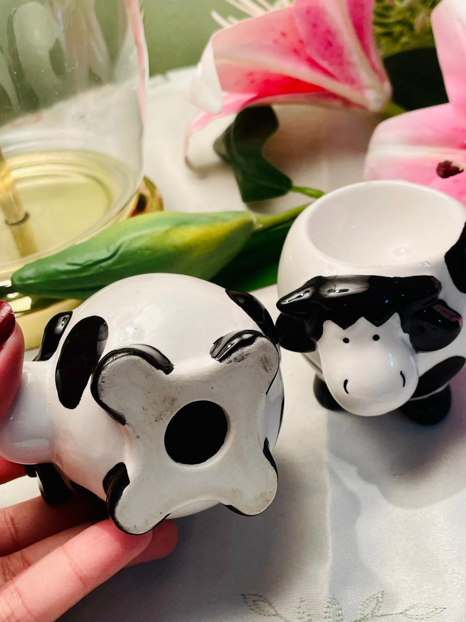 Black & White Cow Ceramic Egg Holder Set of 2 Farmhouse  7 cm