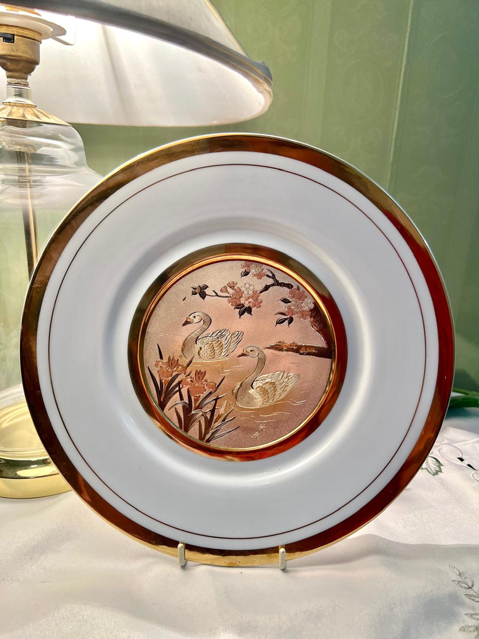 (RARE FIND) Art of Chokin Swan 24K Gold Edged Decorative Plate 25cm