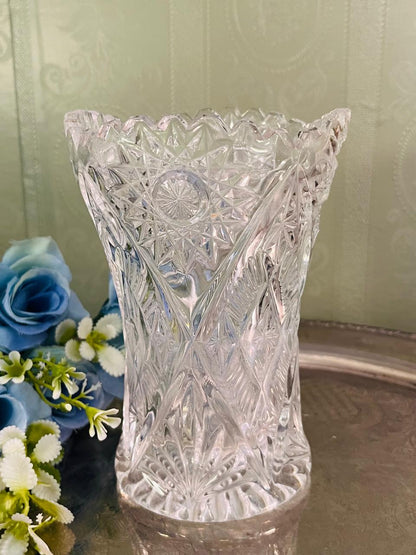 Vintage Cut Crystal Vase 16 cm Starburst Scalloped Rim