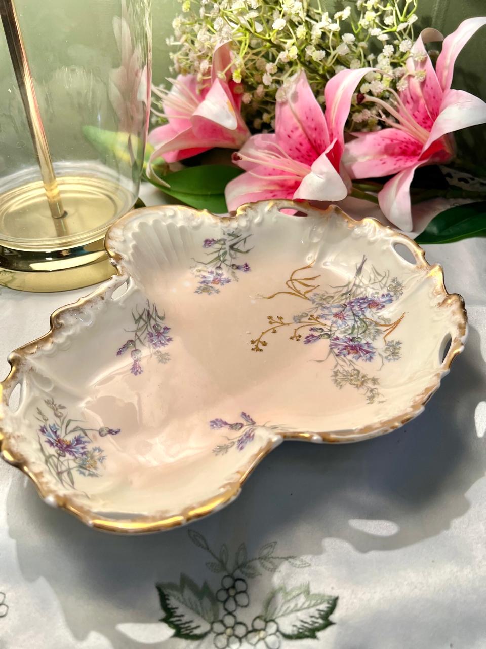 Floral Ornate large Serving Dish 10 in Gold Trim Made in England ( Rare Find)
