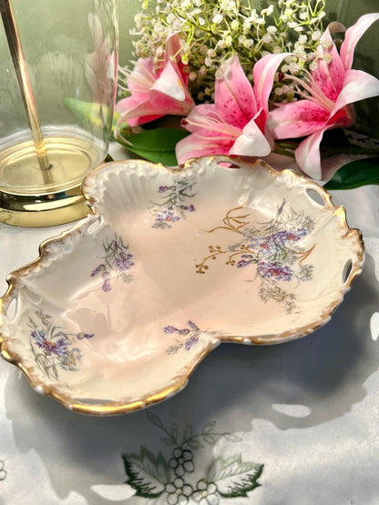 Floral Ornate large Serving Dish 10 in Gold Trim Made in England ( Rare Find)