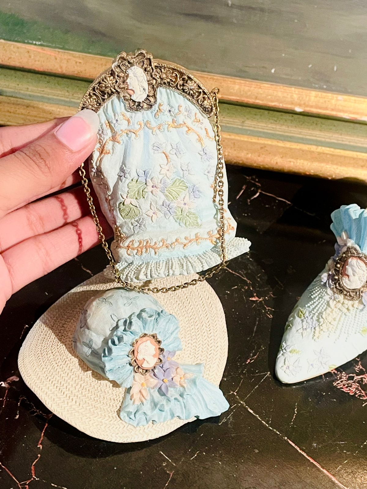 Vintage Blue Cameo Trio — Hat, Shoe & Purse Figurine Set