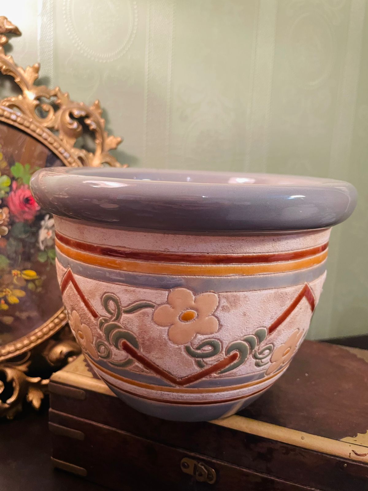 Vintage Stoneware Floral Planter Pot 7 Inch