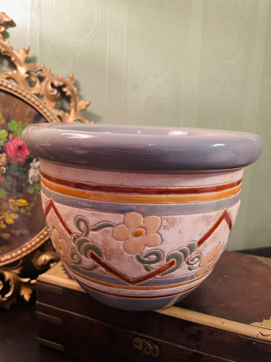 Vintage Stoneware Floral Planter Pot 7 Inch