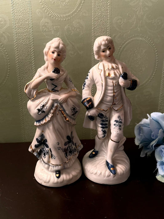 Vintage Porcelain Couple Figurines Blue Floral 6 Inch