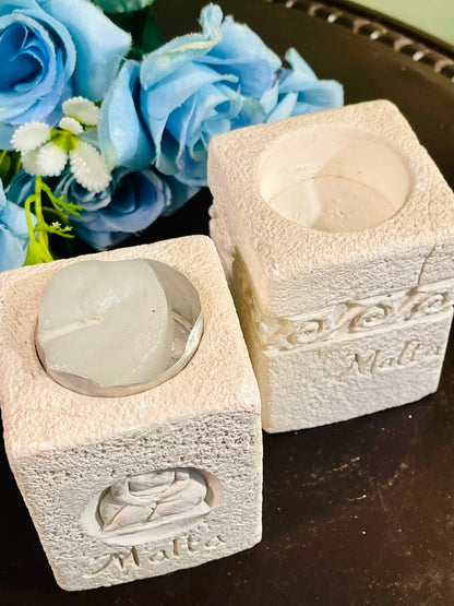 Vintage Malta Stone Tealight Candle Holders – Set of 2 (10cm)