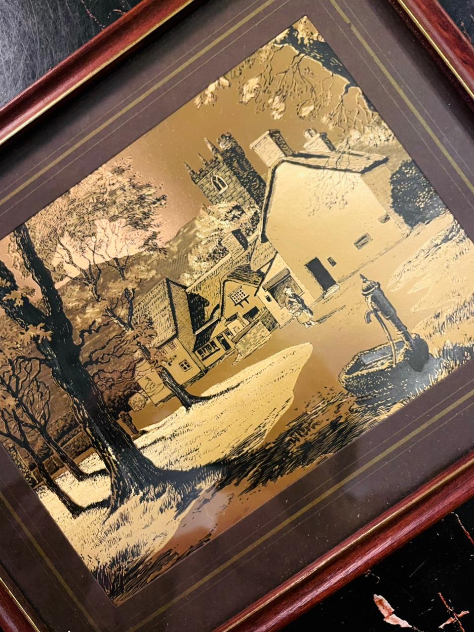 Set of 2 Vintage Framed Village Scene 3D illustration Art