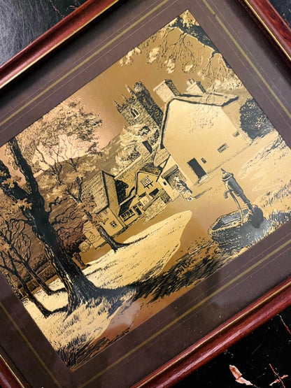 Set of 2 Vintage Framed Village Scene 3D illustration Art