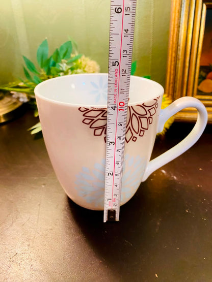 Modern Floral Ceramic Mug 4 Inch Blue & Brown Botanical Design