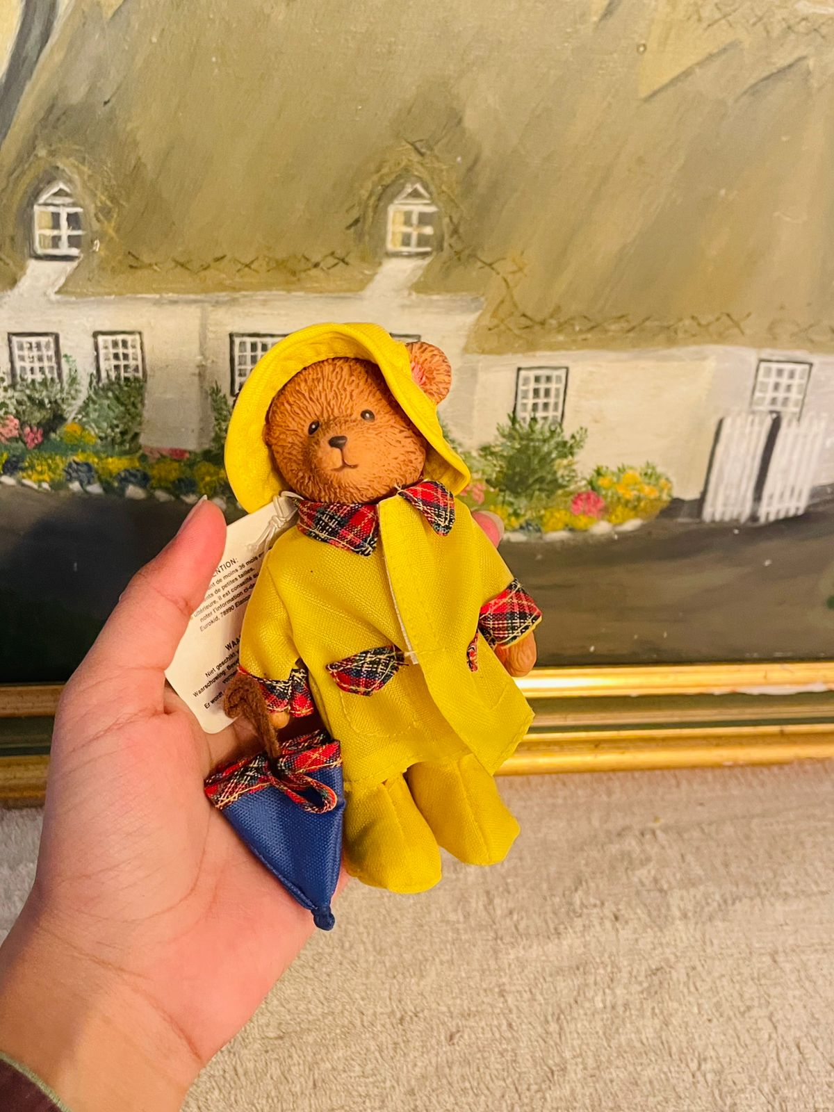 Vintage RUSS Jointed Brown Bear Toy with Yellow Raincoat – Collectible Figurine