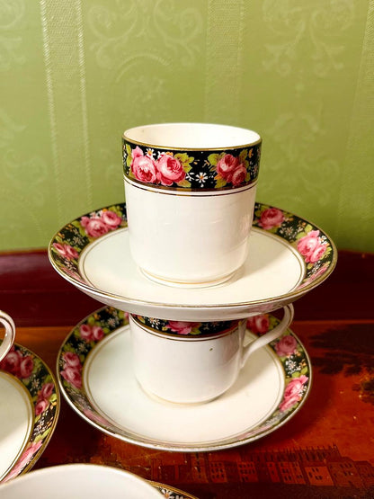 Vintage Fine Bone China Coffee Cup & Saucer Set | Black Rose Border | England