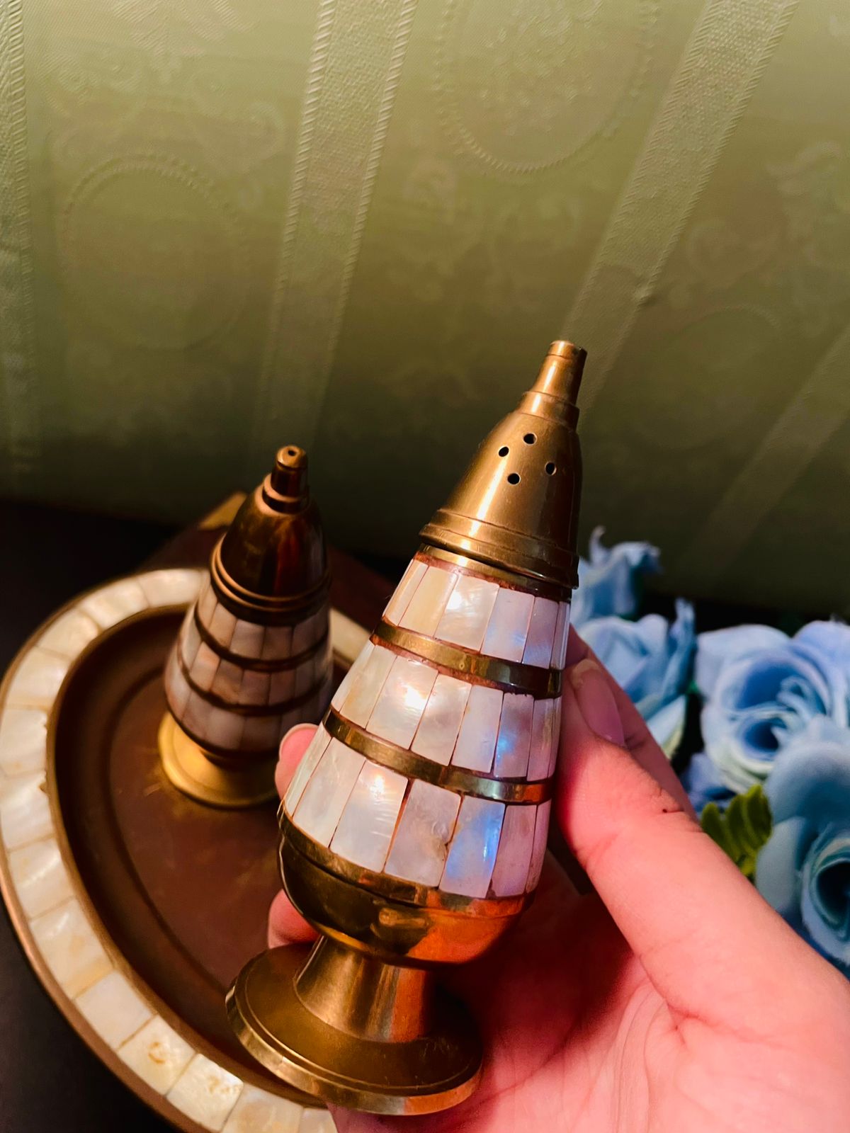 Vintage Brass Mother of Pearl Salt Pepper Set