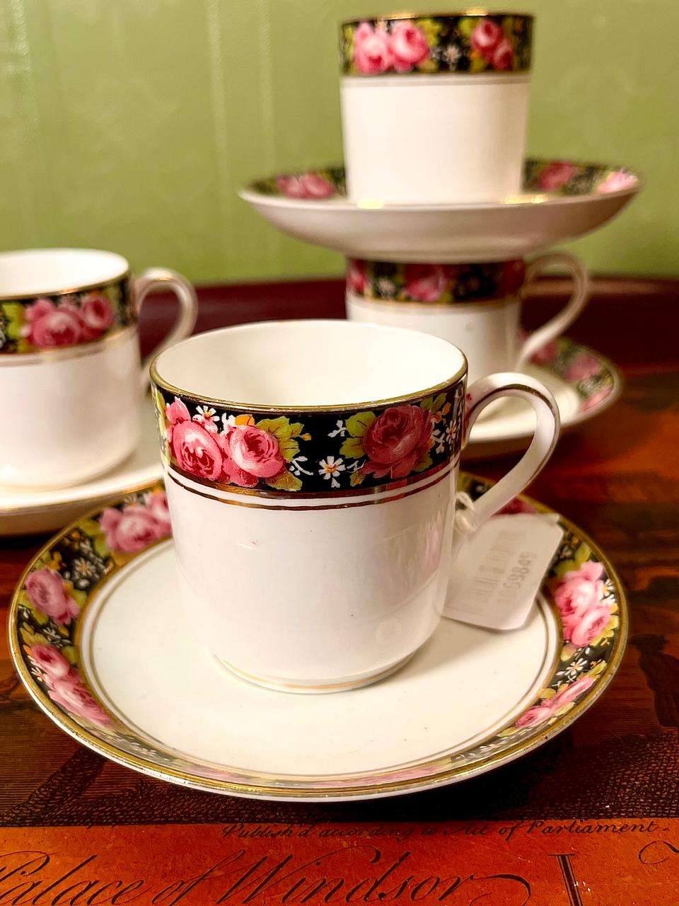 Vintage Fine Bone China Coffee Cup & Saucer Set | Black Rose Border | England