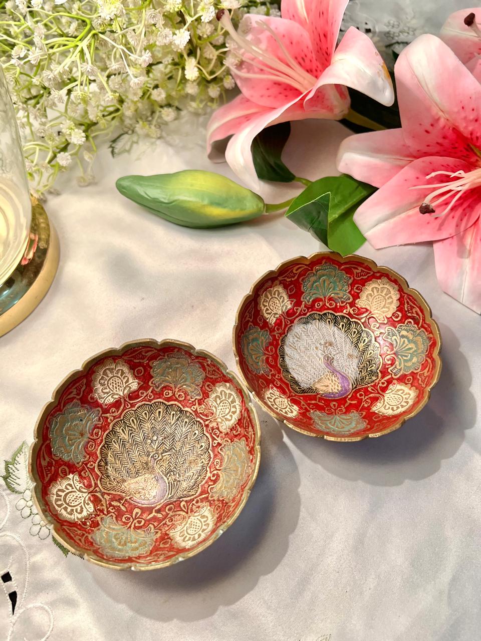 Red Peacock Brass Decorative Bowls – Set of 2, 4.5"
