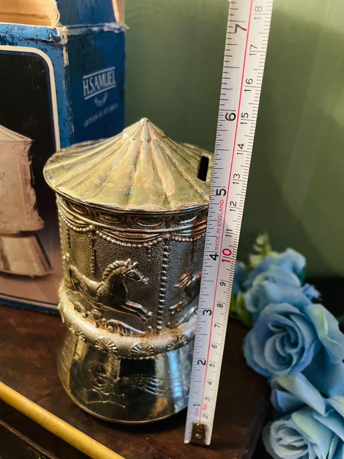 Vintage H. Samuel Carousel Coin Bank Silver Tone 6 Inch