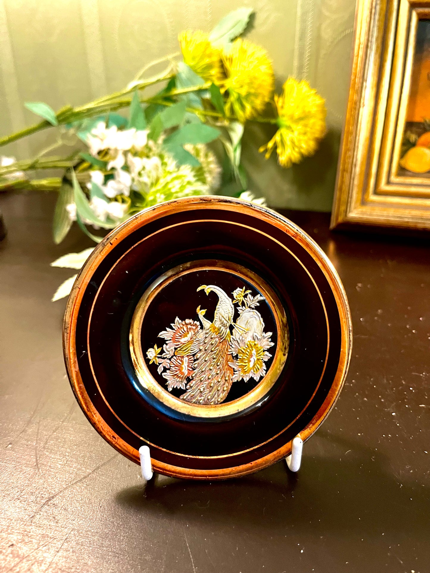 Vintage Japanese Chokin Peacock Plate 10 cm Gold & Silver