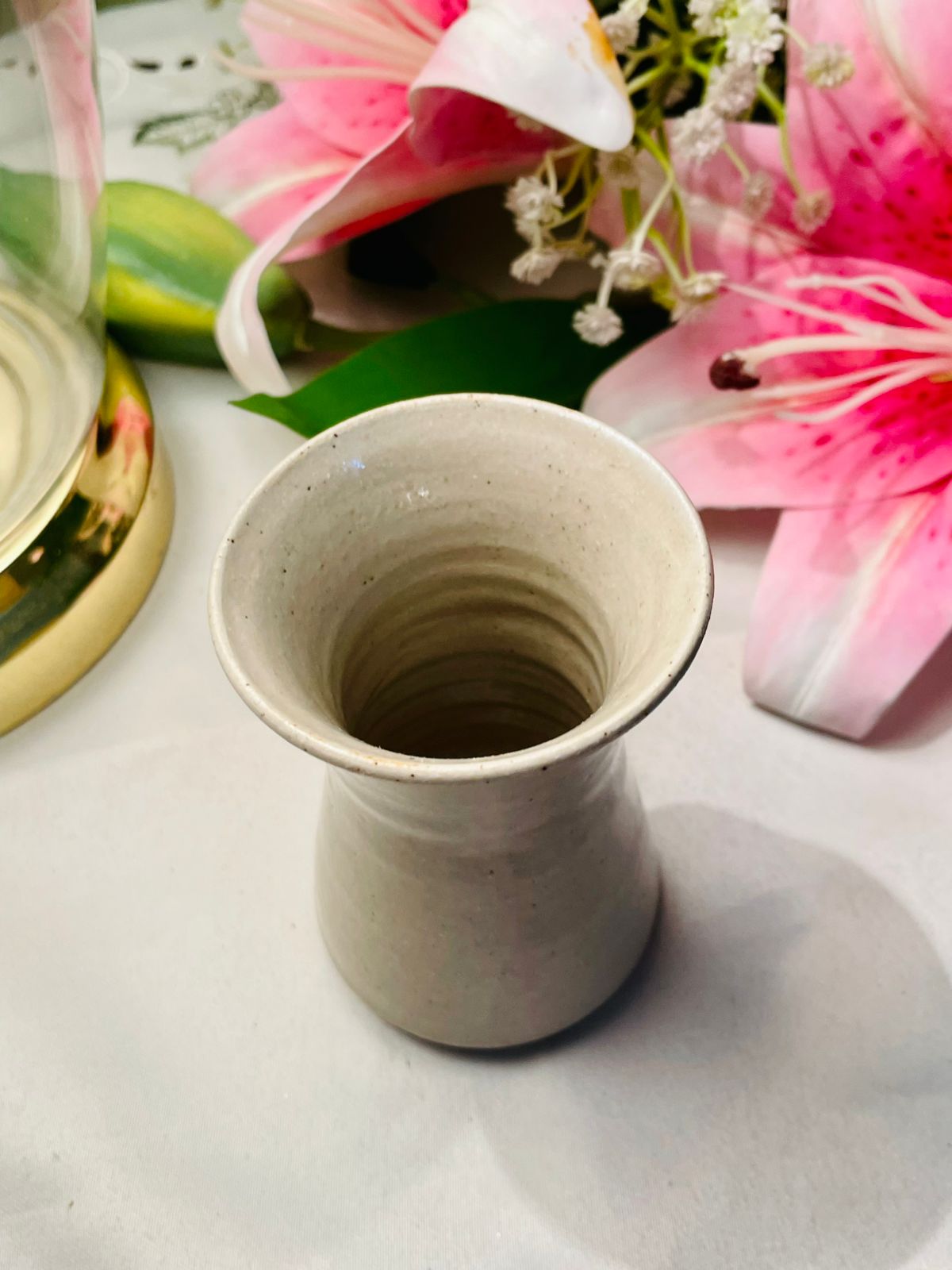 Vintage Beige Ceramic Vase Speckled Glaze 9 cm