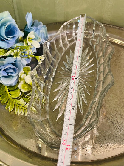 Vintage Pressed Crystal Leaf Serving Dish 30 cm Starburst Design