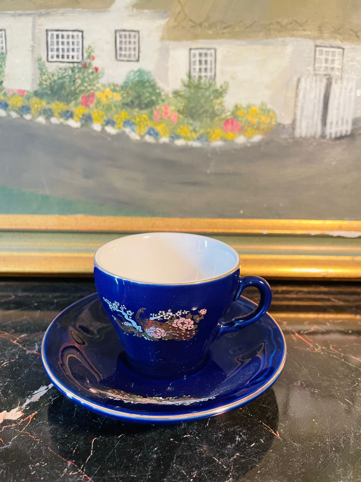 Vintage Amsel Japan Cobalt Blue Mini Cup & Saucer – Hand-Painted Golden Peacocks – 2.5 Inches