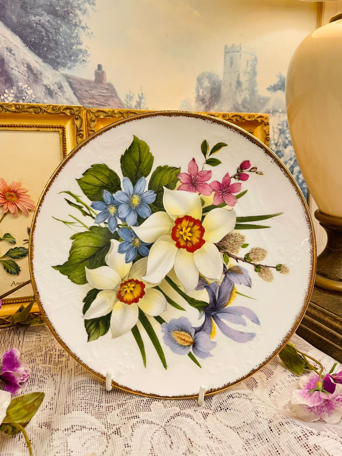 Vintage English Bone China Floral Plate with Gold Edge 8.5 in