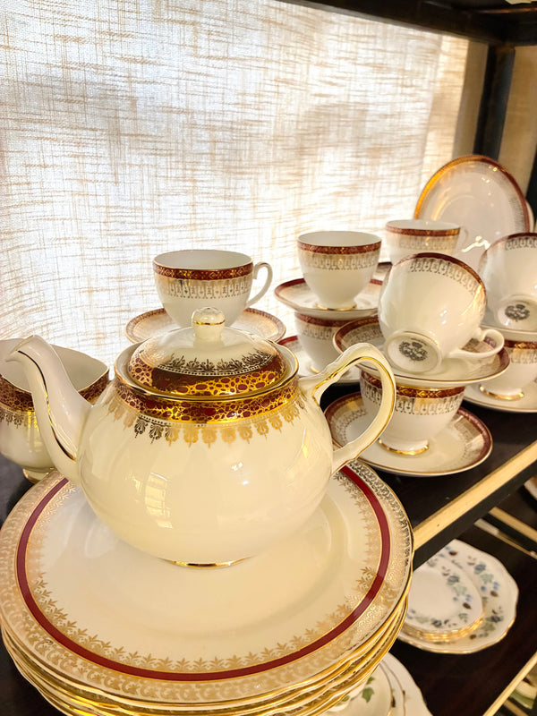 Royal Grafton England set, Royal Grafton Majestic, English bone china set, vintage tea set, vintage dinner set, English tea set, bone china tea set, luxury crockery set, vintage crockery Pakistan, antique style tea set, gold rim tea set, maroon gold tea set, English tableware, collectible bone china, vintage serving set, tea party crockery, formal dinnerware set, Royal Grafton crockery, vintage home decor, luxury table setting