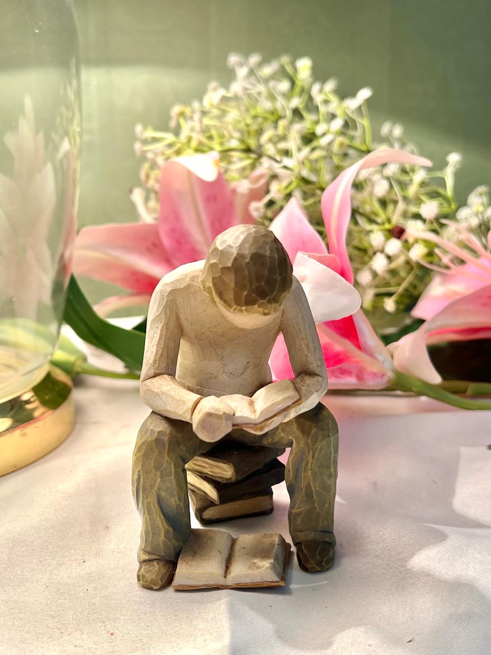 Seated Reader Figurine with Books Neutral Decor 10cm