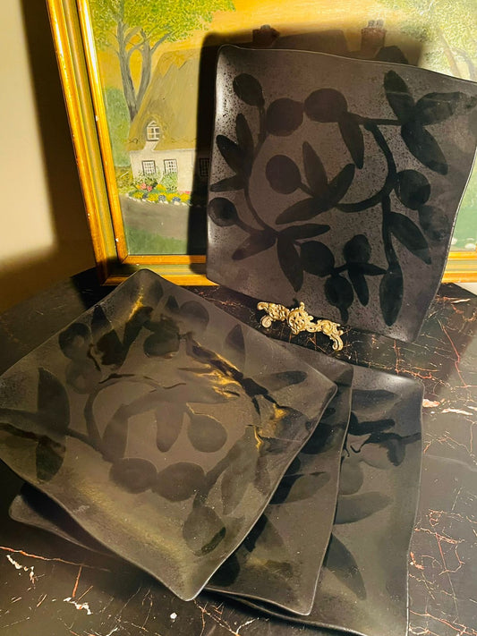 Olive Branch Plates, Mediterranean Tableware, Black Square Dinner Plates, Modern Stoneware Plates, Rustic Charcoal Plates, Dinner Plate Set 4, Charcuterie Serving Plate, Stylish Dining, Minimalist Table Decor, Contemporary Kitchenware