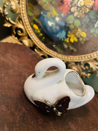 Vintage Porcelain Swan Vase with Butterfly Accent
