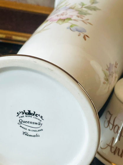 Vintage English Porcelain Vase & Bell Set – Floral Gold-Rimmed “Happy Anniversary” Collection