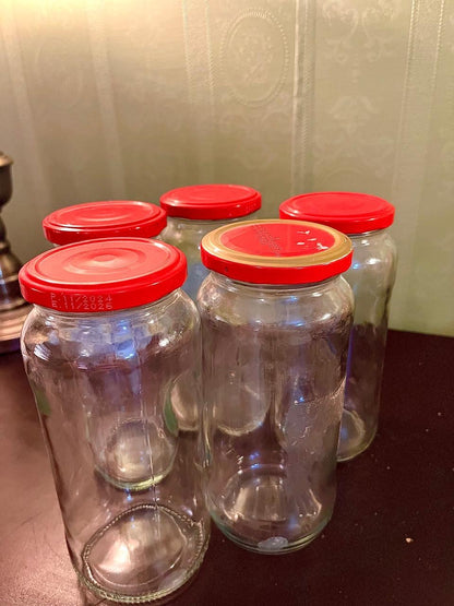 Set of 5 Glass Storage Jars with Red Lids