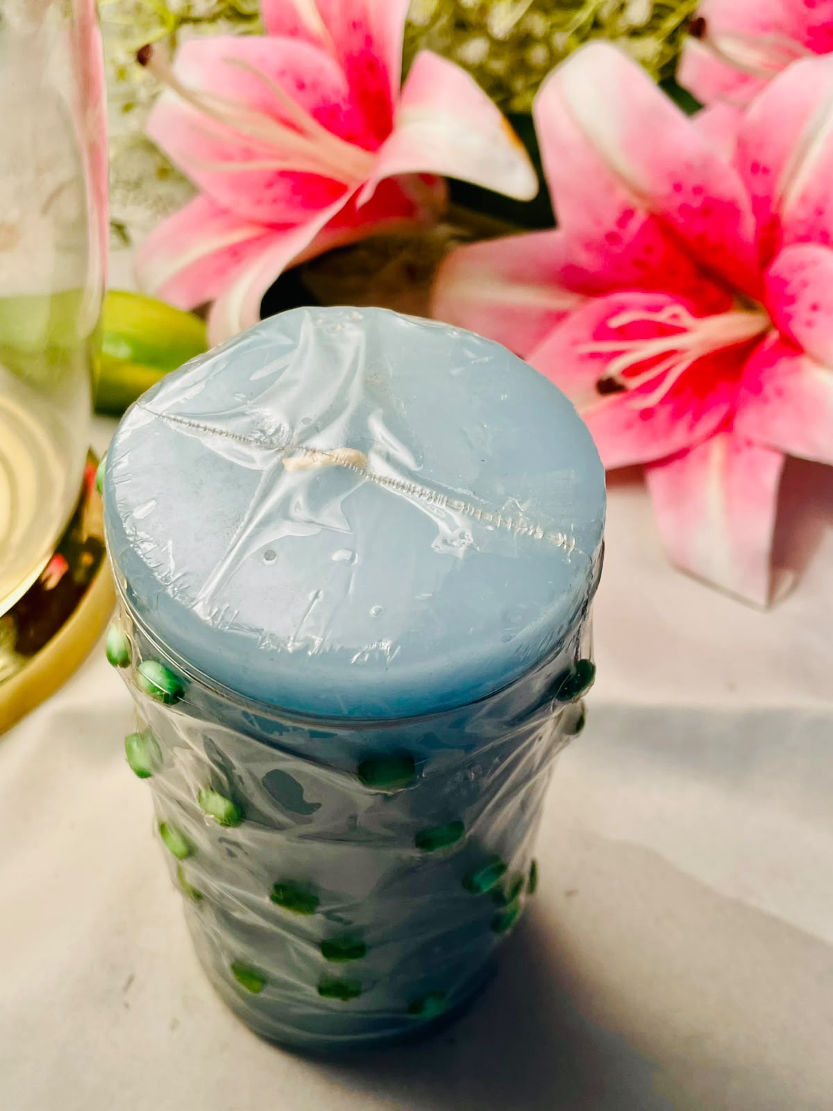 Blue Pillar Scented Candle with Green Bead Detailing 15cm