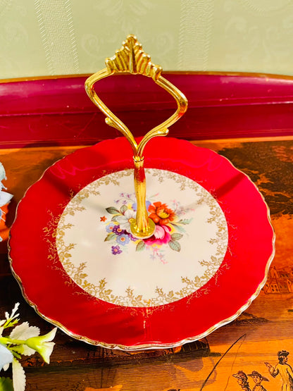 Red Floral Handled Fine Bone China Serving Plate – 6 Inch