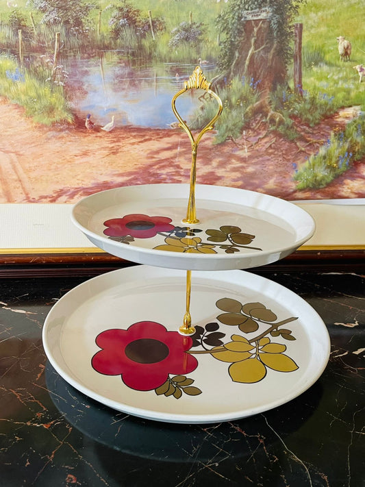 Royal Tudor Ware Tango cake stand, Barker Bros Staffordshire England, 2-tier cake stand vintage, English ironstone cake stand, retro floral serving stand, vintage tea party crockery, rare thrift finds Pakistan, Staffordshire vintage collection, European vintage cake stand, collectible Royal Tudor Ware, English heritage crockery Pakistan