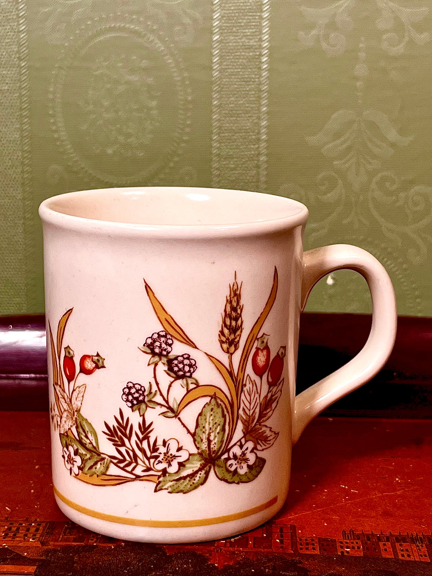 Botanical Berry & Wheat Ceramic Mug Green Red Design