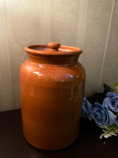 Vintage Brown Glazed Stoneware Storage Jar with Lid 8 Inch
