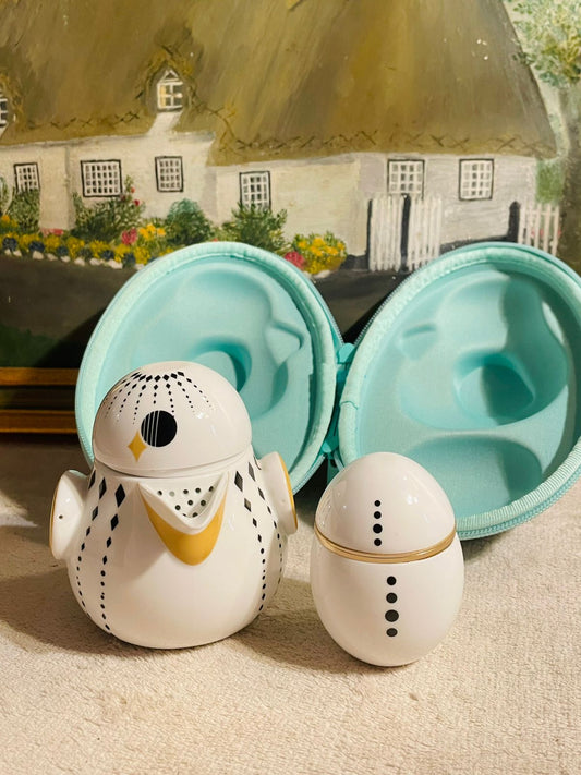 Set of 4 White & Teal Chick-Shaped Egg Holders with Soy Sauce Bottle – Packed Kitchen Set