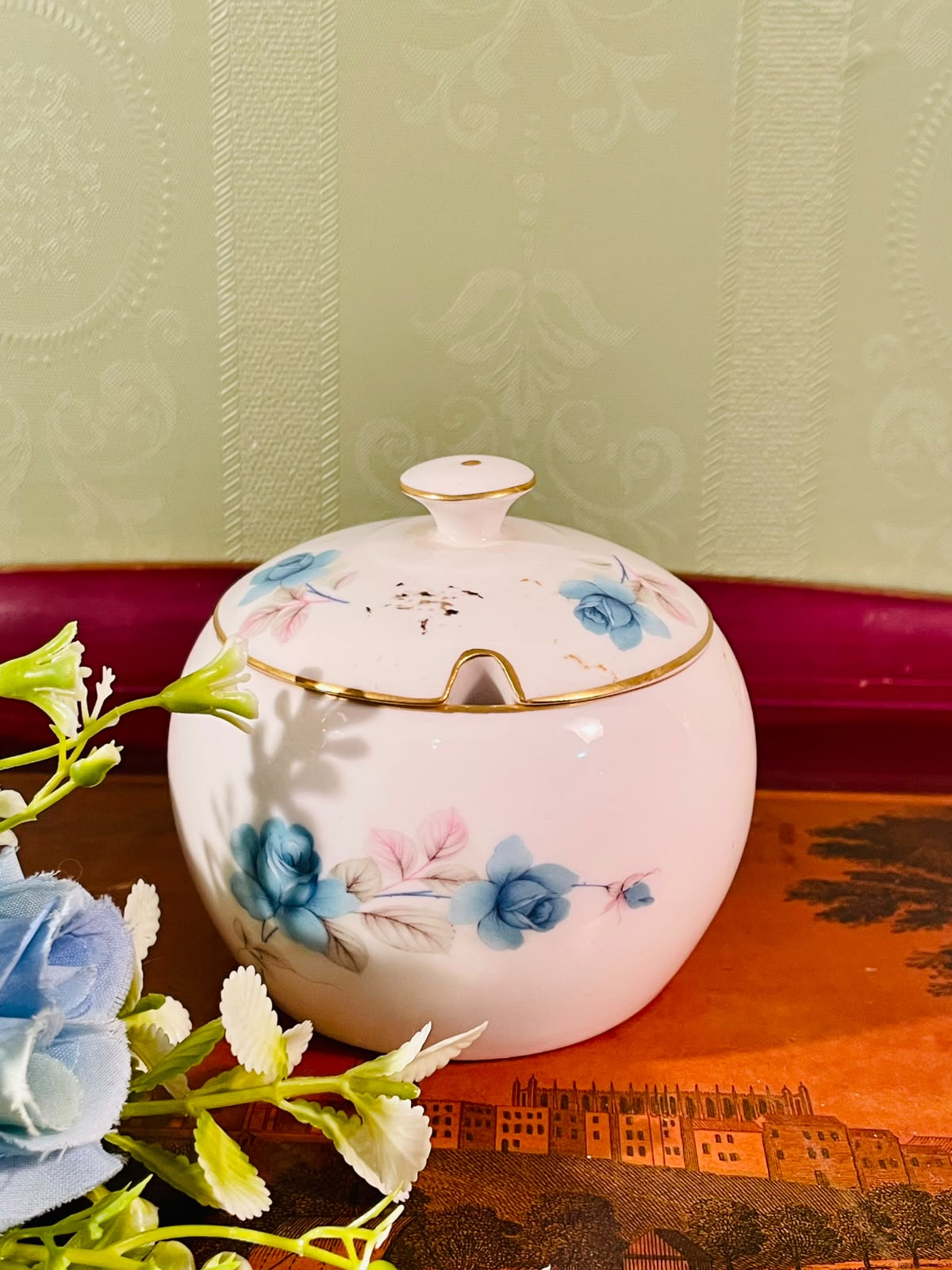 Blue Rose Ceramic Sugar Bowl with Lid – 4 Inch