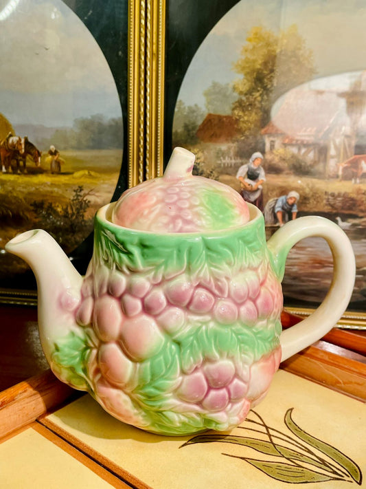 Vintage Grape Cluster Teapot – Pastel Pink & Green Ceramic Kitchen Decor