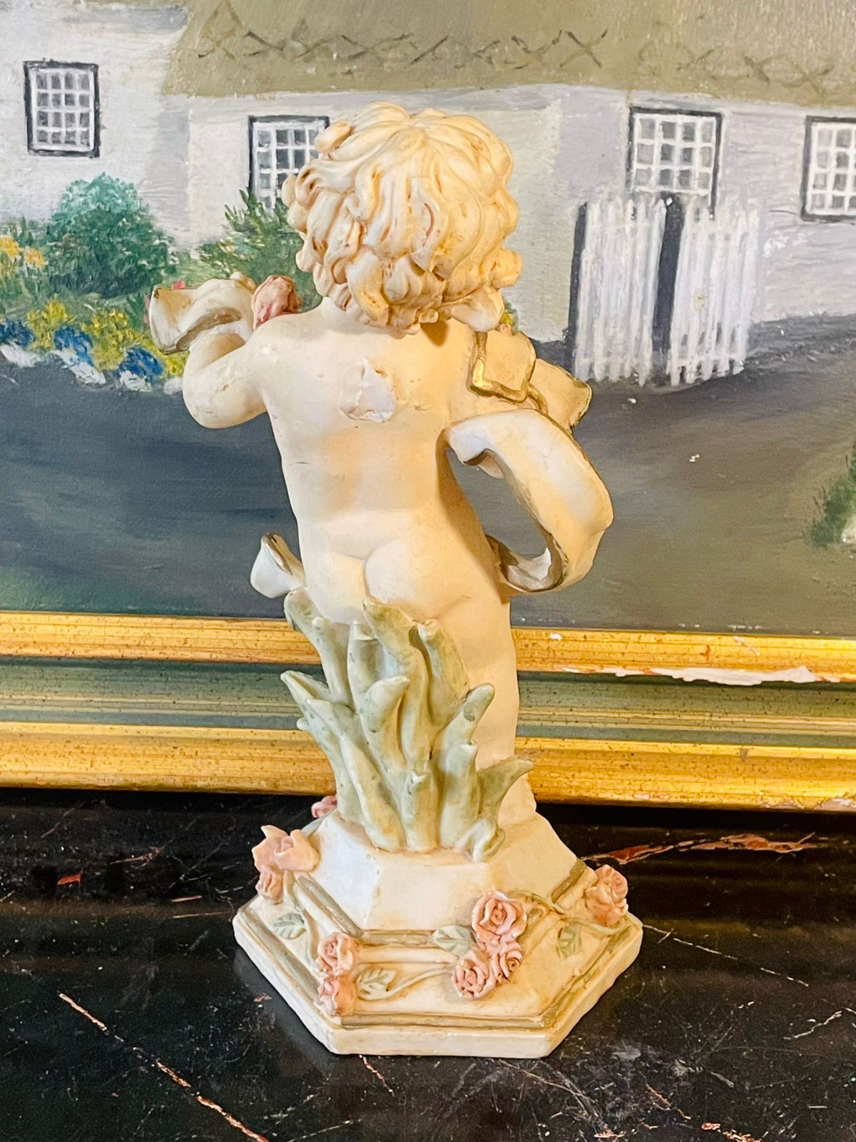 Vintage Porcelain Cherub Figurine with Pink Rose Garland