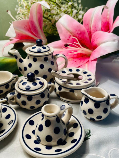 Vintage Blue Polka Dot Miniature Ceramic Tea Set 13 Piece