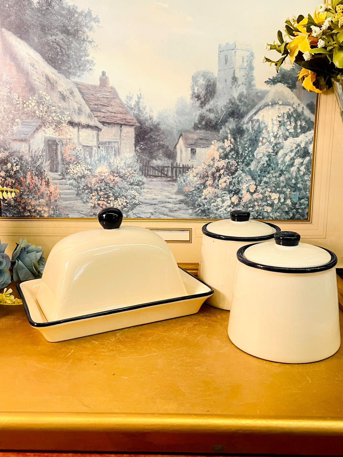 Vintage Enamel Kitchen Canister Set with Butter Dish | Cream & Black
